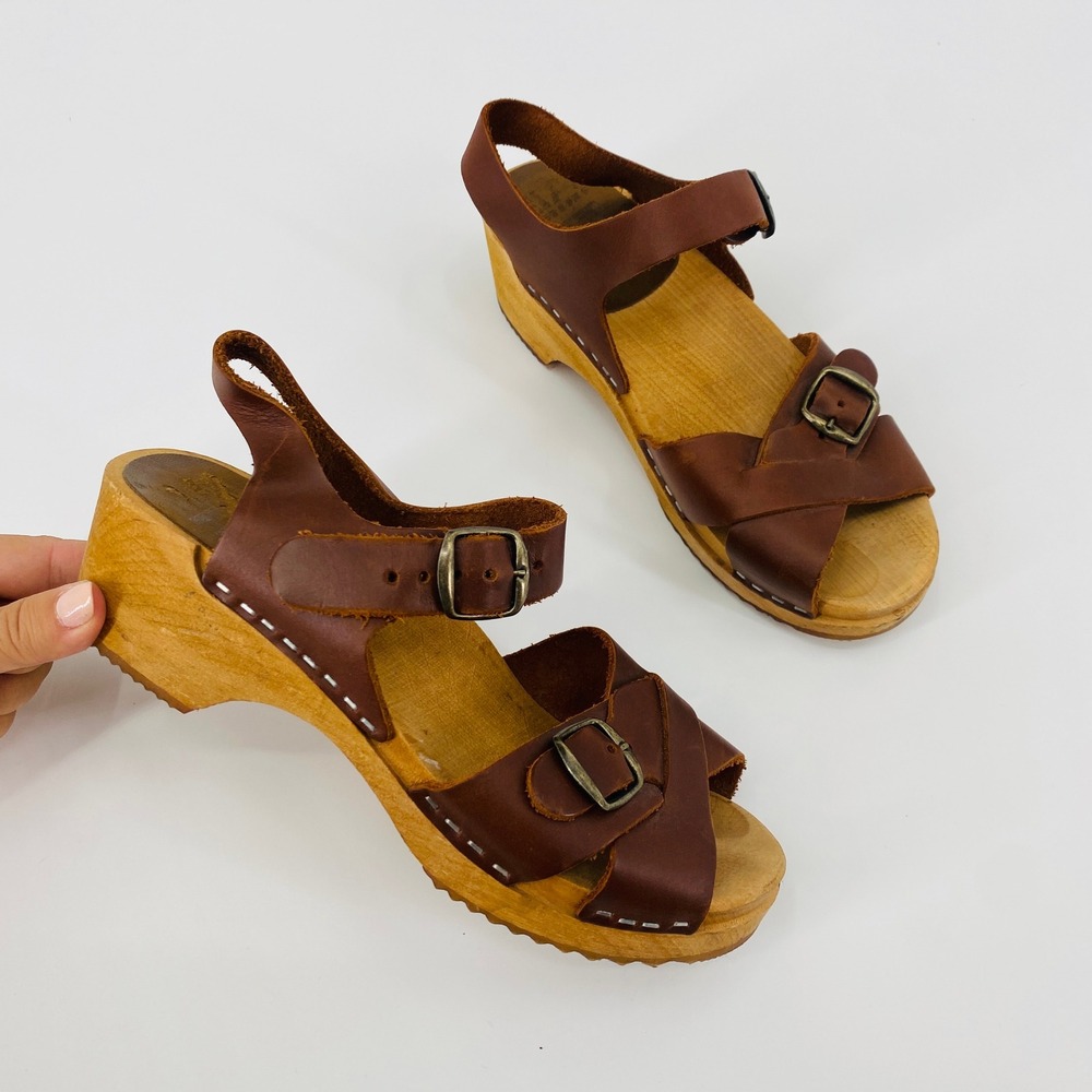 MIA‎ Clog Sandals Womens 37 Brown Leather Wooden Platform Buckle